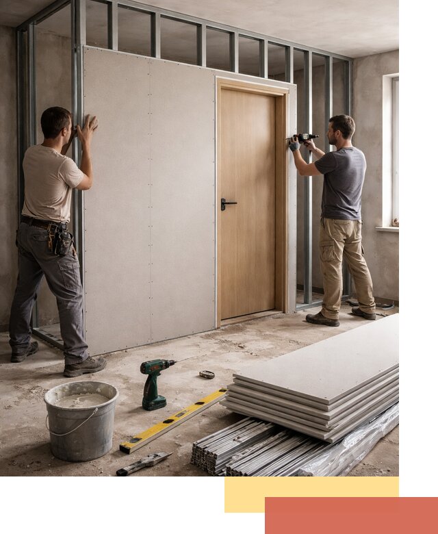 Перегородка из гипсокартона с дверью под ключ в Ртищево