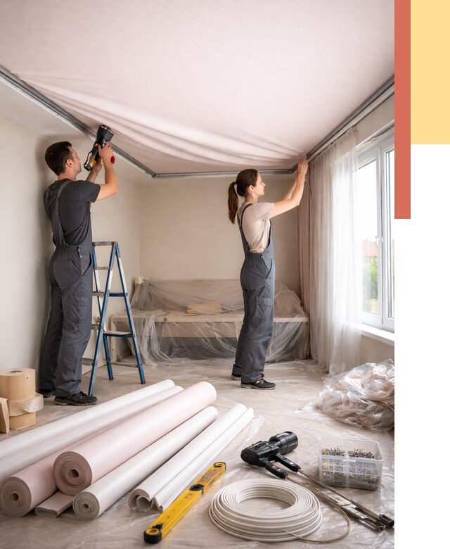 Монтаж цветного натяжного потолка в Ртищево от 4290 руб/м² — быстро и недорого | ОТДЕЛОЧНИК-Ртщ