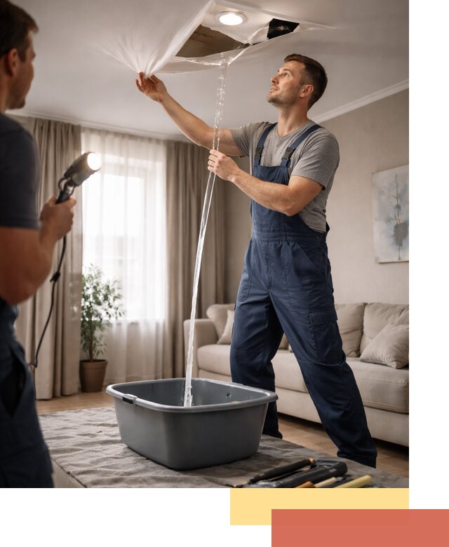 Слив воды с натяжного потолка в Ртищево быстро и аккуратно